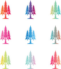 Obraz premium Colorful Fir Tree Collection, Evergreen Conifer Silhouettes, Nature Woodland Vector Set