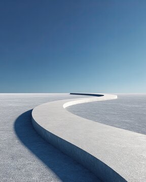 Minimalist Curved Concrete Pathway in Vast Blue Sky Landscape Highlighting Infinity and Tranquility Concept
