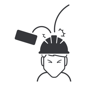 Isolated outline illustration of worker wearing safety helmet struck by falling object showing head protection and impact deflection for workplace safety
