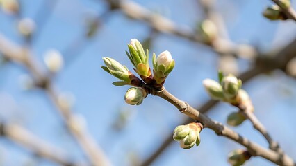 Spring buds on a branch against a blue sky background. Nature renewal concept, close-up