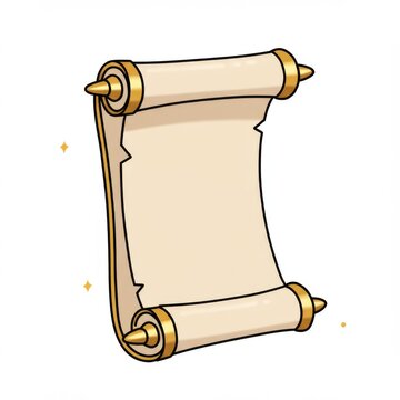 Cartoonish Parchment Scroll with Golden Accents on White Background