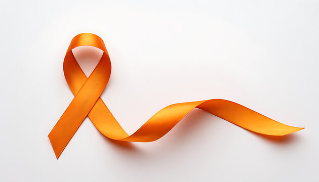 Orange ribbon isolated on white, orange ribbon symbolizes awareness of kidney cancer, leukemia, malnutrition, Attention Deficit Hyperactivity Disorder (ADHD) and multiple sclerosis.