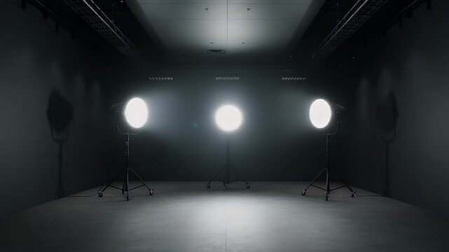 Three powerful spotlights illuminate a vast empty studio space dramatically