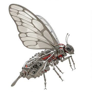 Mechanical Insect Detailed Metal Body Steampunk Wings with Gears and Isolated on a White Background