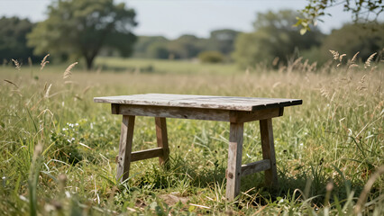 Naklejka premium Rustic Wooden Bench Sitting Alone in a Sunlit Meadow with Tall Grass and Trees in the Background, Natural Outdoor Setting for Relaxation or Contemplation
