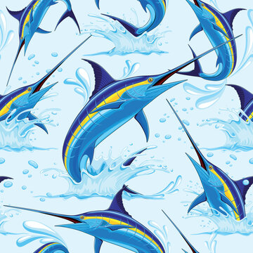 Blue Marlin jumping out of ocean vector Repeat Seamless Textile Pattern Design. All the Elements, the Fishes and the Water Drops, are assembled to compose vector Textile Seamless Repeat Pattern Design