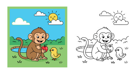 Obraz premium Cute Cartoon Monkey Offering an Apple to a Baby Chick Outdoors