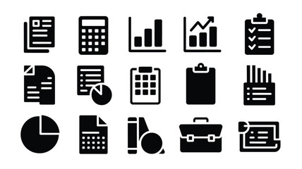 Business finance icons set calculator chart clipboard and graphs for office work and statistics analysis