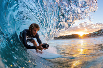 Naklejka premium Surfer photographs inside a wave at sunset
