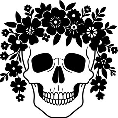 Fototapeta premium Human skull with flower crown wreath silhouette