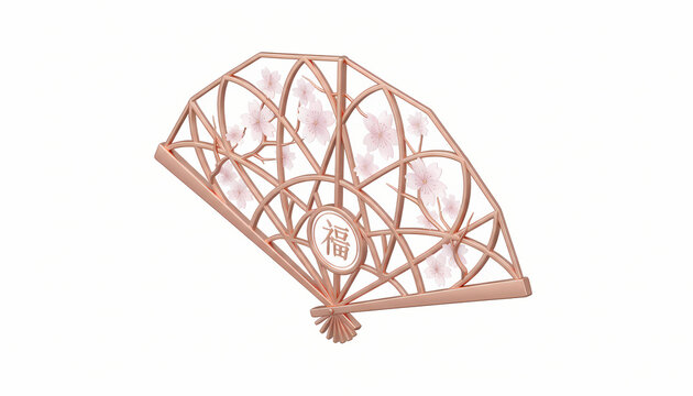 Decorative rose gold Chinese folding fan with sakura flowers and prosperity symbol