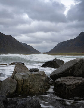 Rocky shore at Brunstranda in the Lofoten Islands, Norway