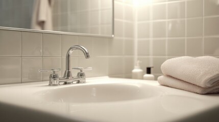 Fototapeta premium Minimal bathroom sink with chrome faucet and folded towels for hotel brochure, spa amenity design and clean interior background