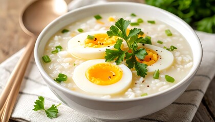 Creamy rice soup topped with boiled eggs, herbs, and scallions in a white bowl, with a wooden spoon