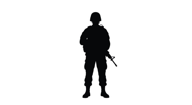 Soldier standing with rifle a stark black form against white silhouette