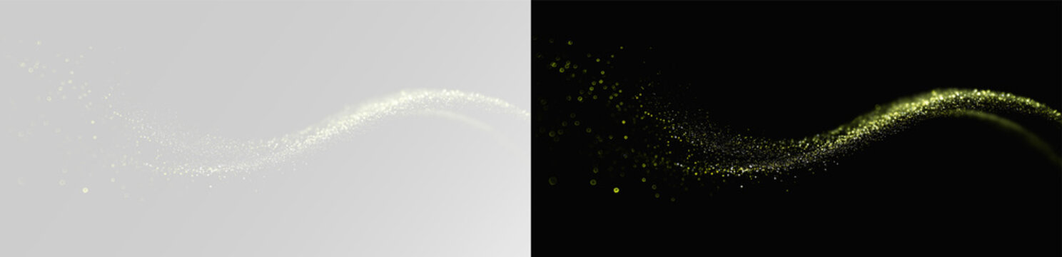 Dust spring magic trail, golden pollen particles and realistic glowing floral wave on white, overlay dust light png