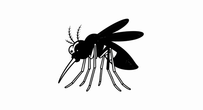 Black and white cartoon illustration of a mosquito with large eyes and a proboscis