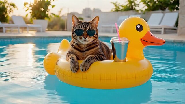 Cat on inflatable duck in pool