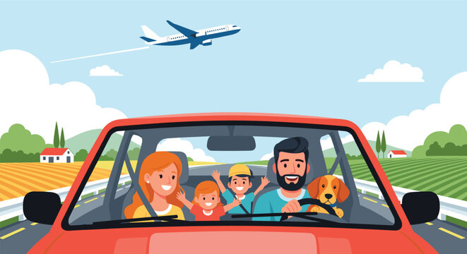 Happy family with two children and a dog traveling in a red car through a rural landscape with an airplane flying in the blue sky.