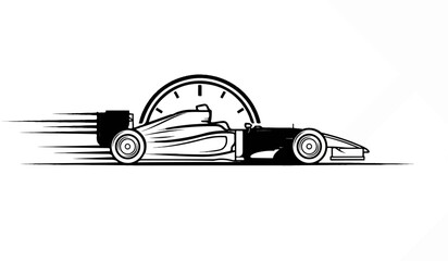 Black and white graphic of a speeding race car with a speed indicator © Julius