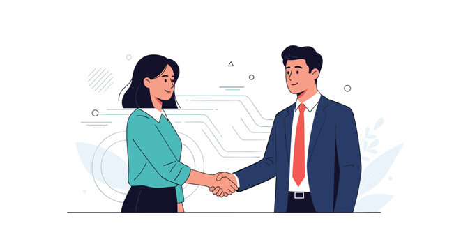 Businessman and businesswoman shaking hands in a professional setting symbolizing a successful deal, partnership, or job interview.