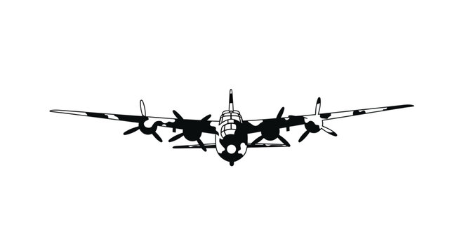 Silhouette of a four-engine propeller cargo plane flying, front view, isolated on white background.