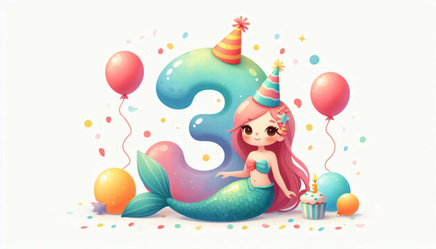 Cute number three birthday illustration with little mermaid balloons confetti and festive party decorations for kids celebration