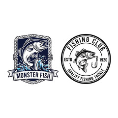Obraz premium Classic Fishing Club Emblems Set with Jumping Fish and Tackle for Outdoor Sport