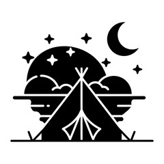 Camping tent icon under a starry night sky in the wilderness, black and white vector illustration © Sahabat