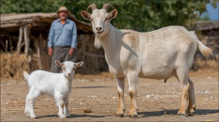 Obraz premium Sunlit field with curious goat and cheerful child