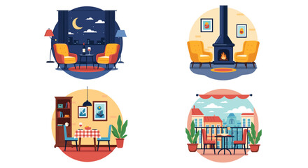 Collection of four interior icons featuring a cozy night scene, a warm fireplace, a dining area, and a city balcony.