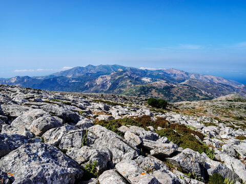 Landscape seen from the peak of Mount Zas or Zeus, Naxos Island, Cyclades, Greece