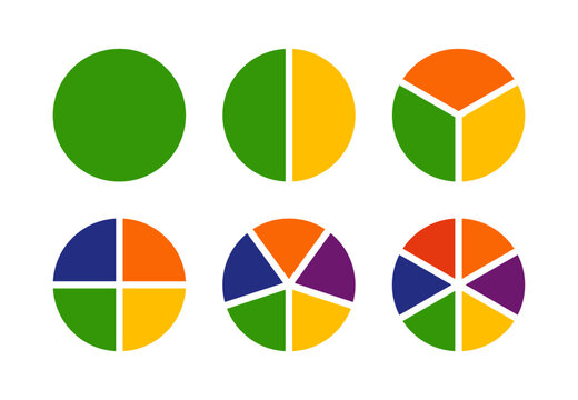 Multicoloured diagrams infographic. Circle section graph. Wheels divided in sections. Multicolored pizza charts, pie segmented on from 1 to 6 equal parts. Pie, pizza chart layout. Loading or progress 