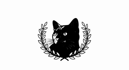 Obraz premium Black cat portrait with laurel wreath, illustrative style