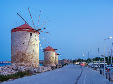 Windmills at dusk, Rhodes City, Rhodes Island, Dodecanese, Greece