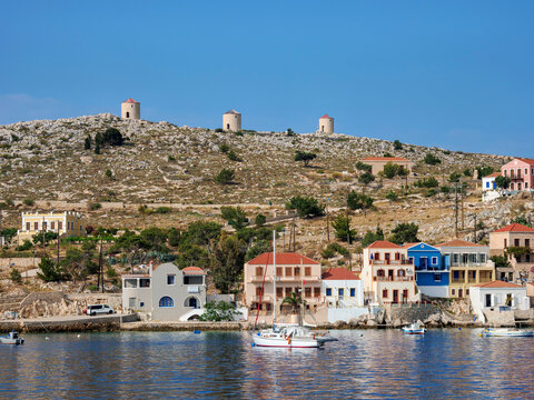 Windmills at Chalki Village, Emporio, Halki Island, Dodecanese, Greece