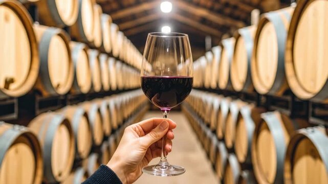 Hand holding a glass of red wine in a traditional cellar with rows of wooden oak barrels