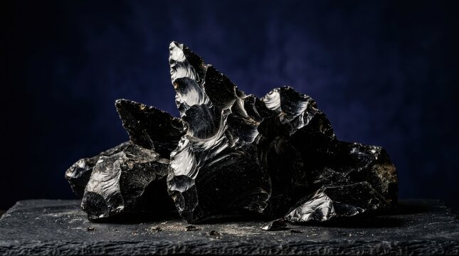 Jagged Obsidian Lava Rock Fragments with Volcanic Texture and Glassy Sheen on Dark Slate