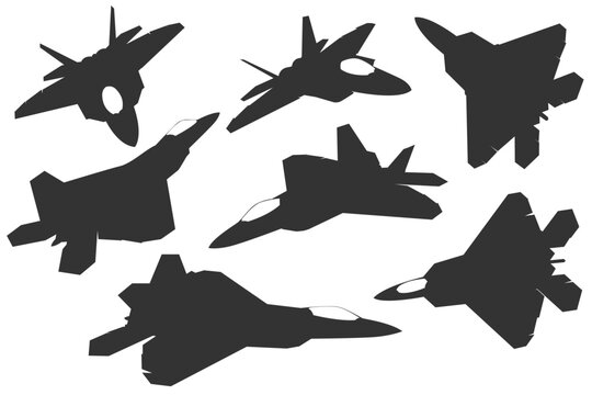 Black and white vector illustration bundle F-22 raptor jet silhouettes in diverse viewing positions. Set Silhouette stealth aircraft design from multiple angle. Monochrome fifth generation airplane.