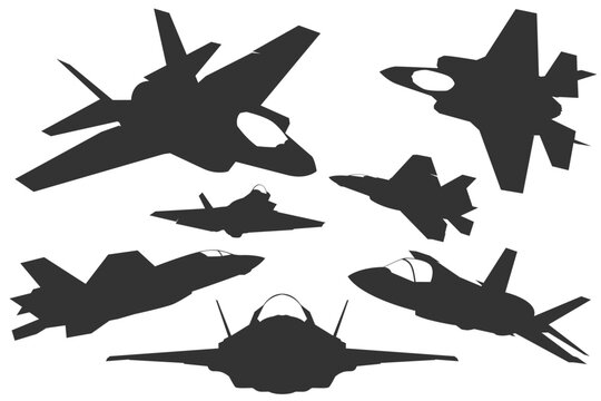 Bundle monochrome design F-35 stealth jet. Black and white vector f35 combat aircraft from USA. Fifth generation jet silhouette pack from varius view.