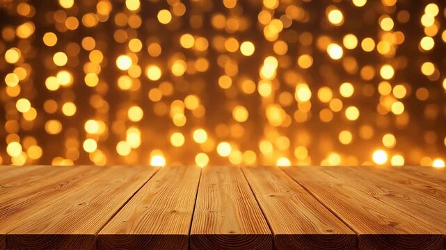 Wooden table with bokeh lights