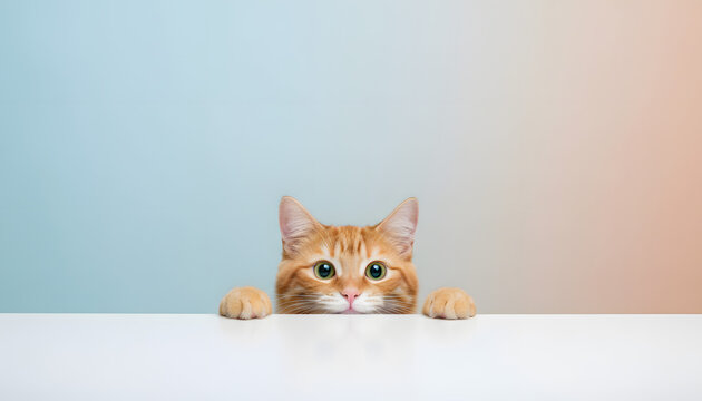 Cute Surprised Orange Cat Peeking Over Table with Copy Space