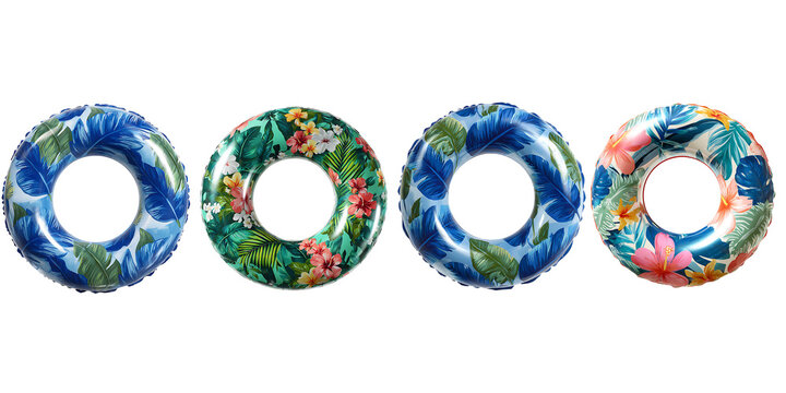 4 set of inflatable ring with tropical leaves pattern on transparent background PNG
