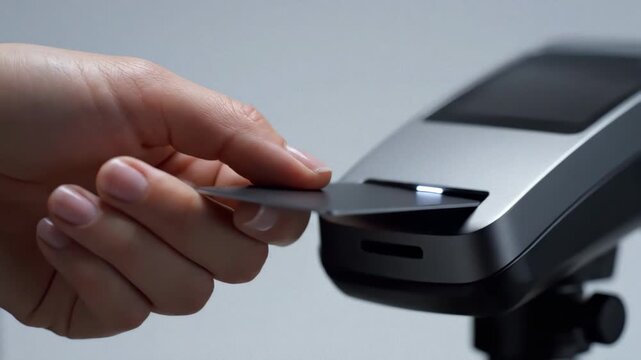 a premium metal credit card being inserted into a sleek terminal. Represents high-end banking, secure transactions, fintech luxury, and modern retail technology.