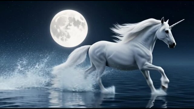 White Unicorn Running Through Water Under Full Moon.