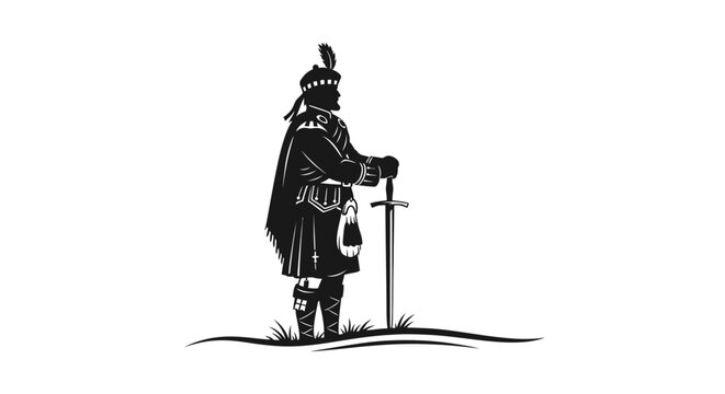 Silhouette of a Scottish Highlander warrior in traditional kilt and tartan, holding a sword, standing on grass.