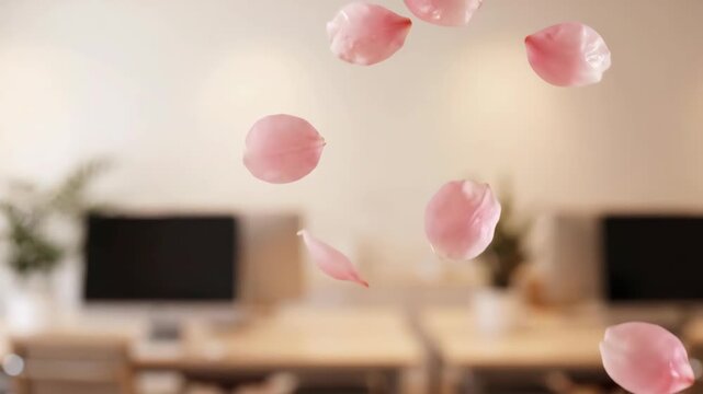 Pink Flower Petals Falling in Blurred Office Background Slow Motion