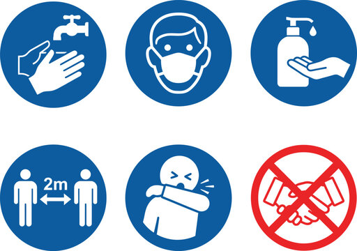 Hygiene and Social Distancing Safety Icons Set Blue Signs