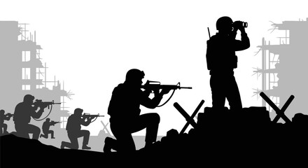 Naklejka premium Silhouette soldiers in combat, destroyed buildings, war scene, military operation, tactical engagement