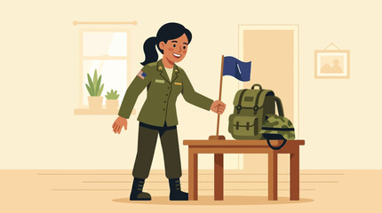 Smiling female soldier in uniform holding a flag with backpack and helmet nearby